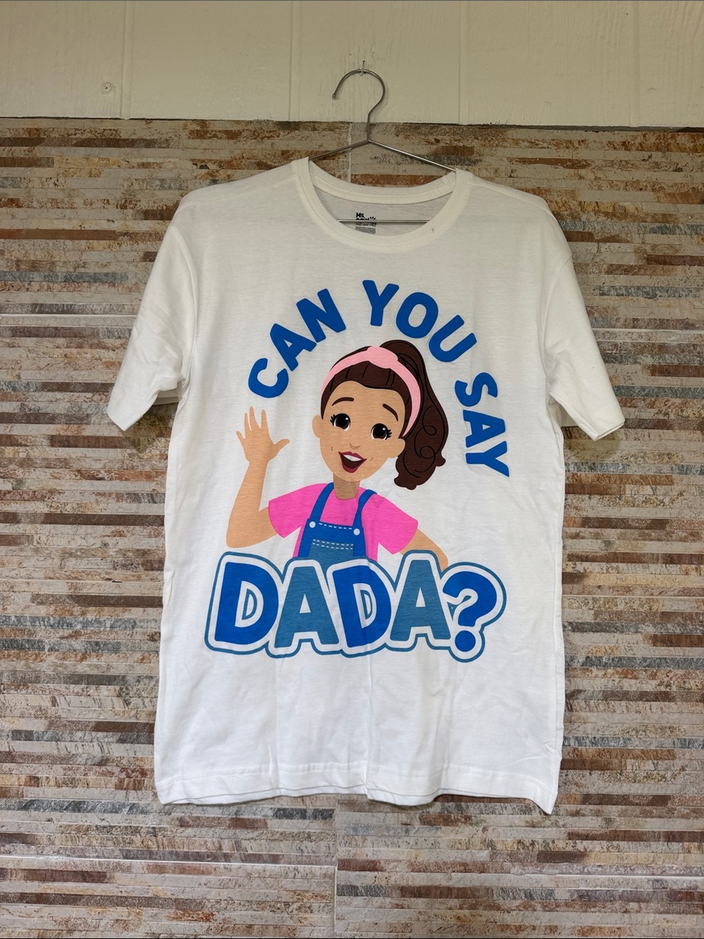 Rachel White Short Sleeve Graphic Tee with Blue & Pink Print & baby tee too